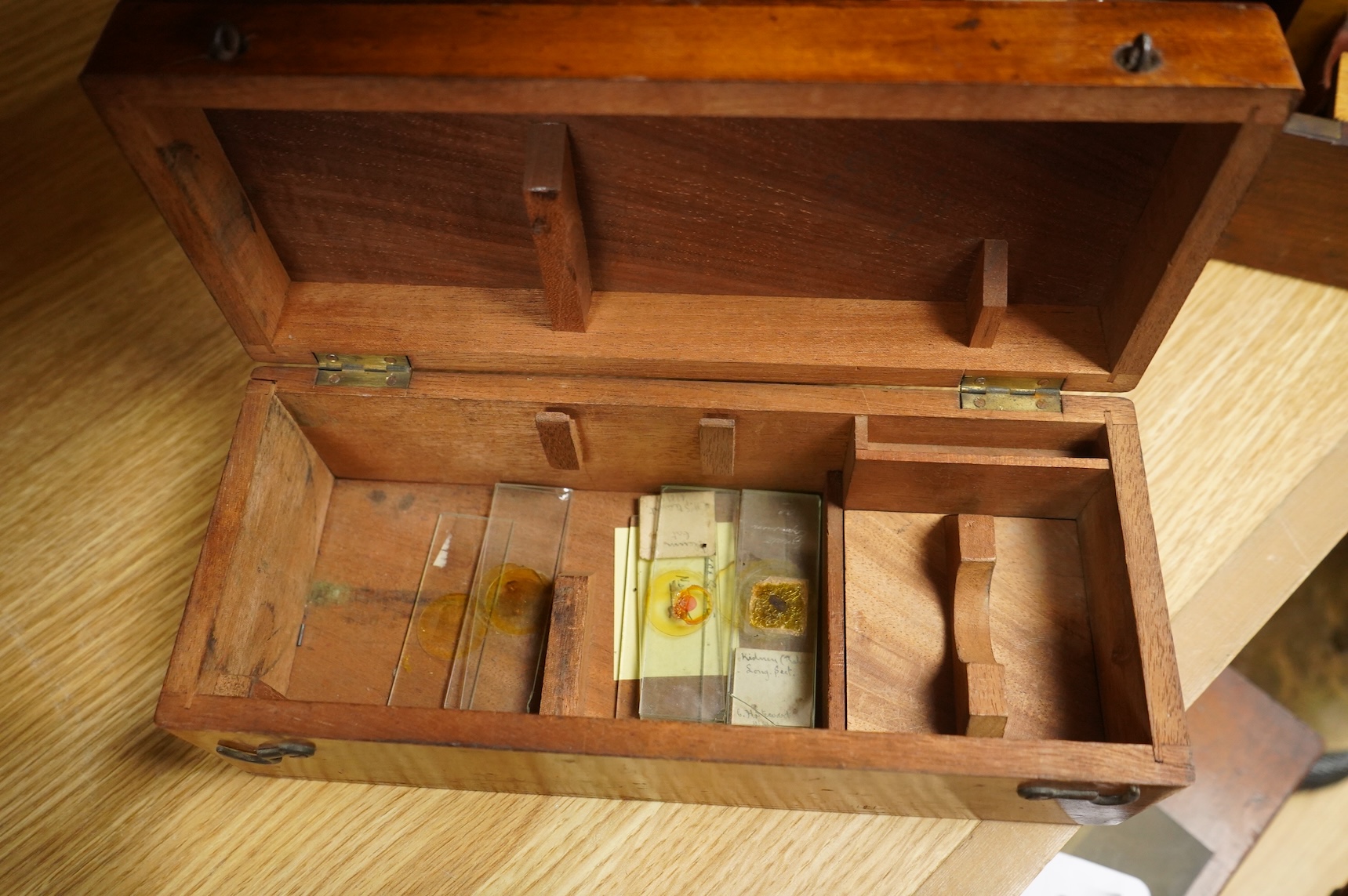 Two microscopes; an early 19th century Martin type brass compound monocular microscope, with five numbered objectives, specimen tube and hand magnifier, mahogany case 27cm wide, together with a late 19th/early 20th centu